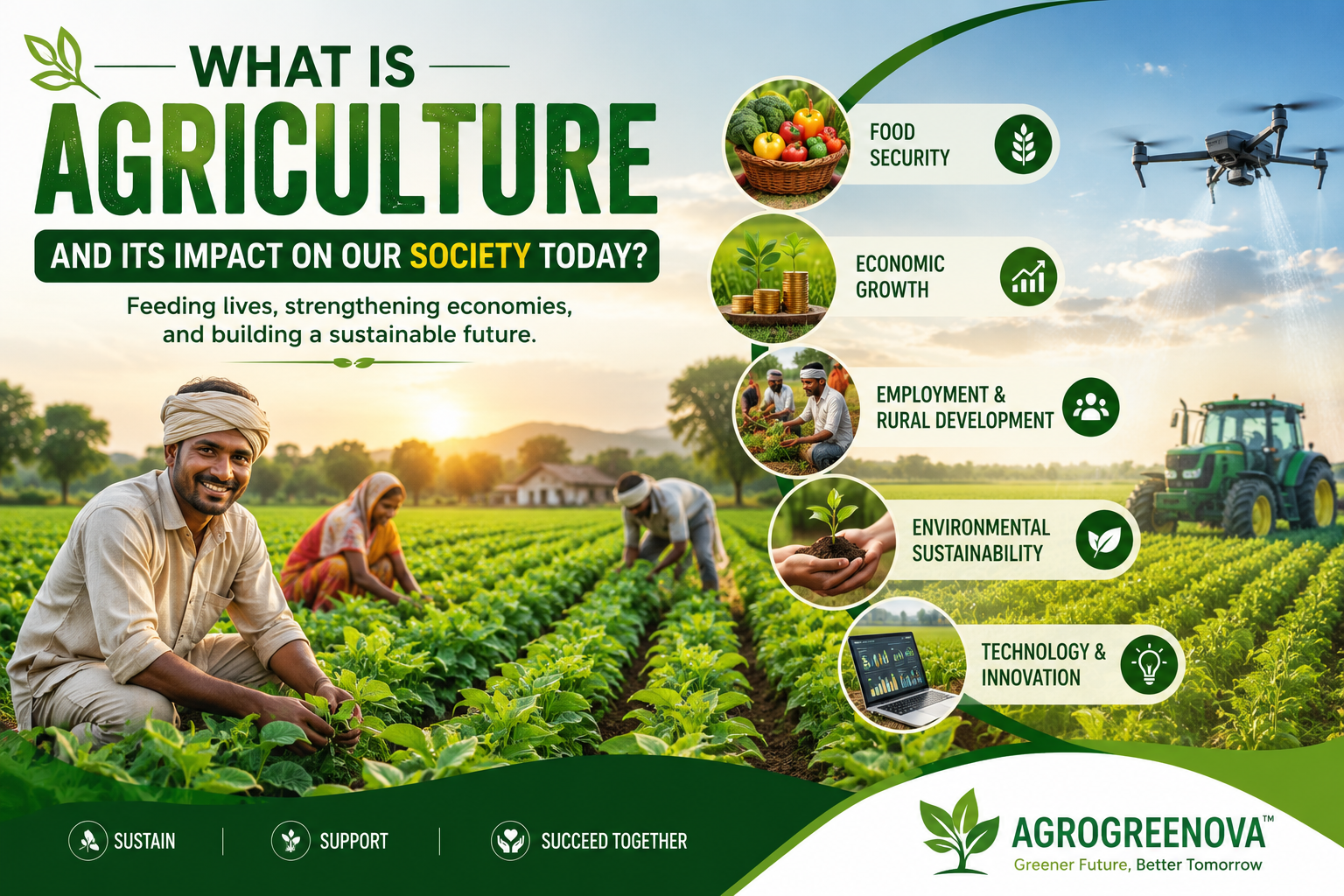 Farmers working in green agricultural fields showing agriculture’s impact on society and food production