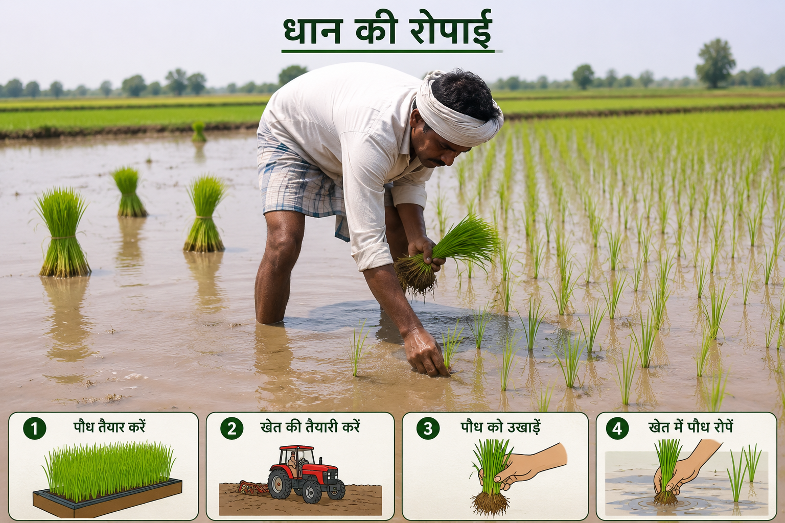 जुलाई में खेत में धान की रोपाई करते किसान