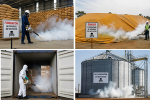 Agricultural fumigation process in grain storage warehouse for pest control