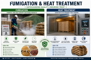 Fumigation and heat treatment comparison showing grain storage fumigation and wooden pallet heat treatment for pest control and export compliance.