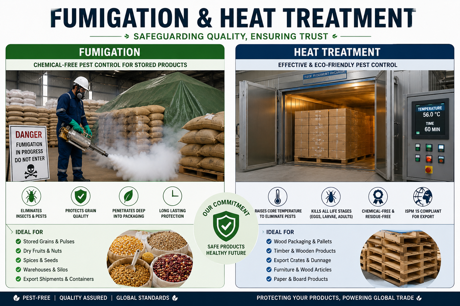 Fumigation and heat treatment comparison showing grain storage fumigation and wooden pallet heat treatment for pest control and export compliance.
