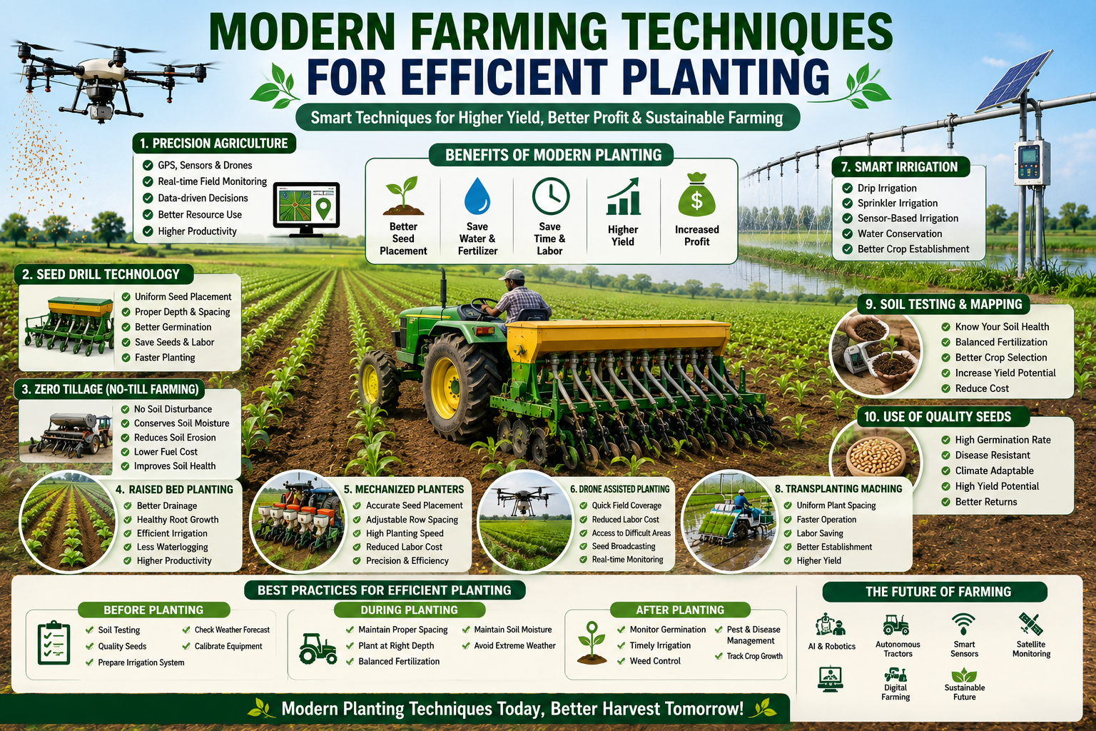 Farmer using modern farming equipment and precision planting technology in agricultural field.