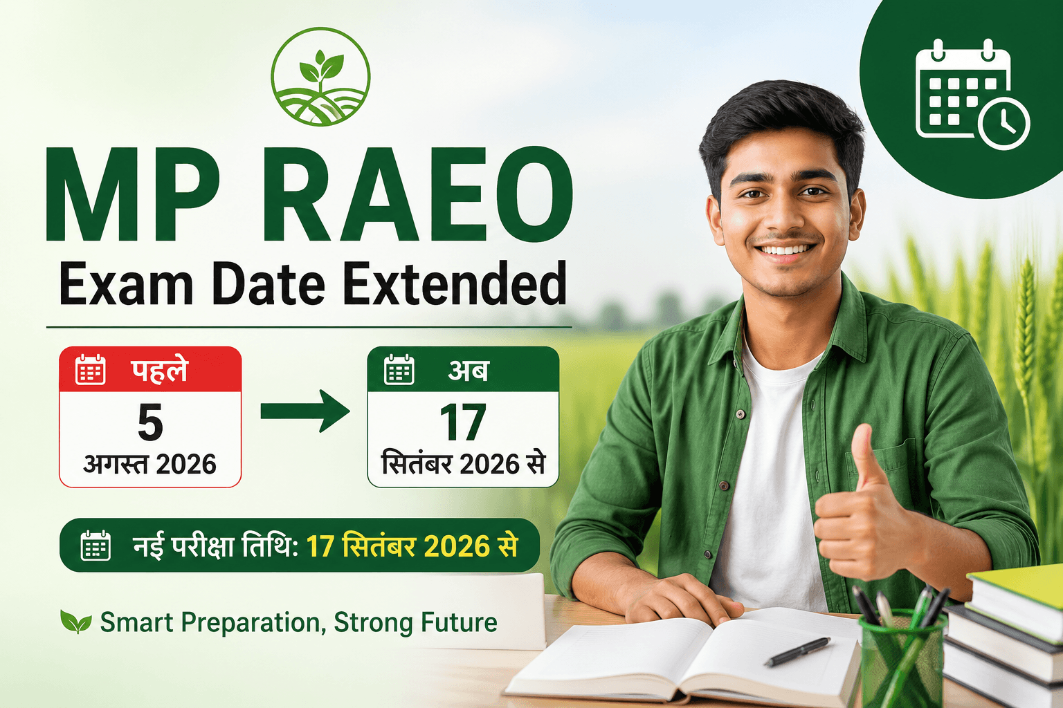 MP RAEO Exam Date Extended 2026 featured image showing new exam date 17 September 2026 and preparation strategy for agriculture students