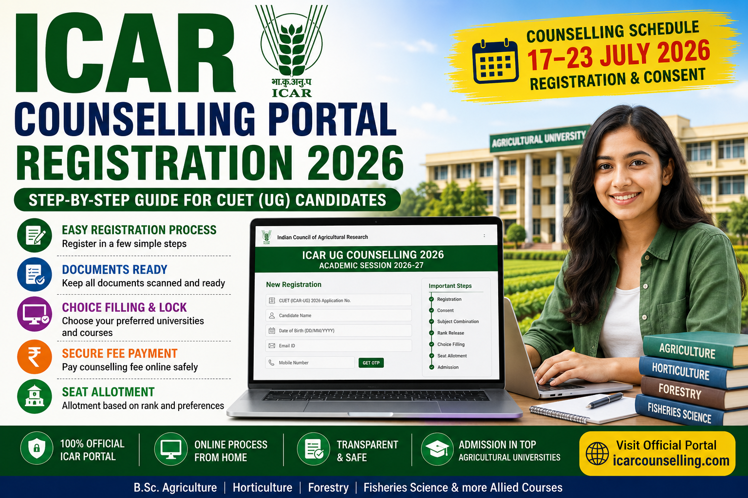 ICAR Counselling Portal Registration 2026 Step-by-Step Guide for CUET UG Agriculture Admission, Login, Documents and Choice Filling