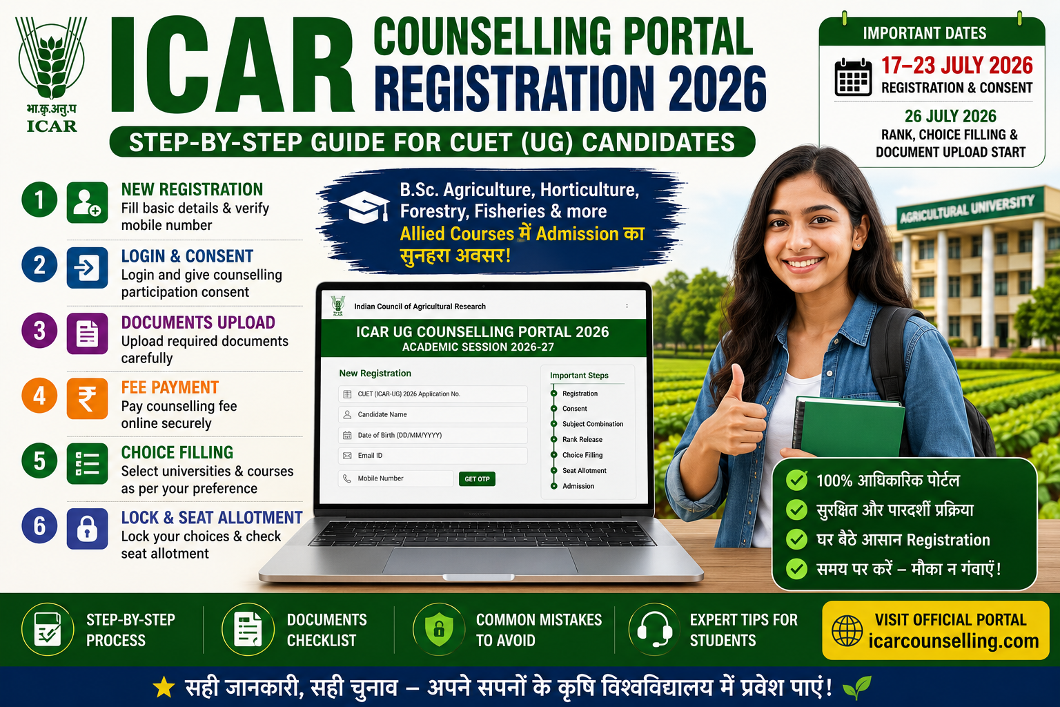 ICAR Counselling Portal Registration 2026 step-by-step guide for CUET UG Agriculture admission with registration, login, documents, choice filling and seat allotment process