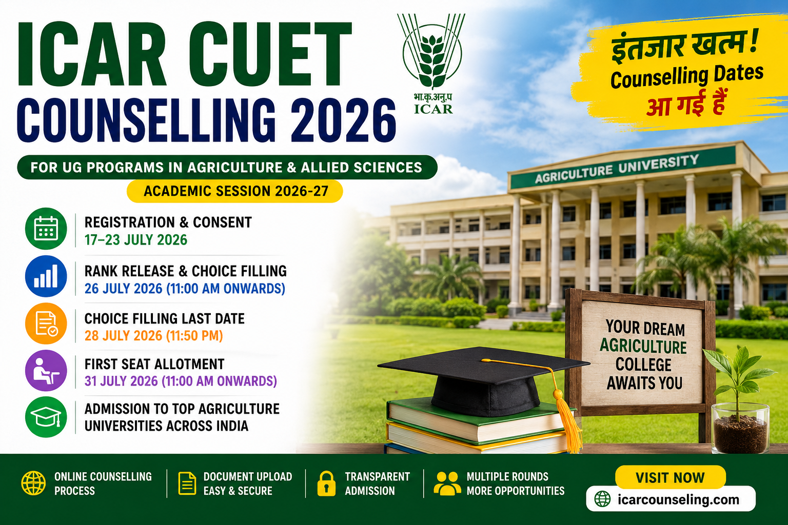 ICAR CUET Counselling 2026 Registration, Choice Filling, Rank Release and Seat Allotment Schedule for Agriculture Admission