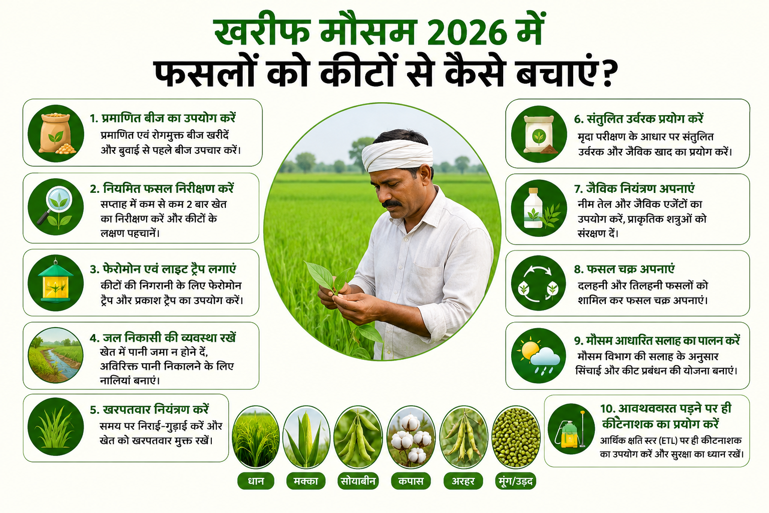 खरीफ मौसम 2026 में किसान फसल का निरीक्षण करते हुए और कीट नियंत्रण उपाय अपनाते हुए