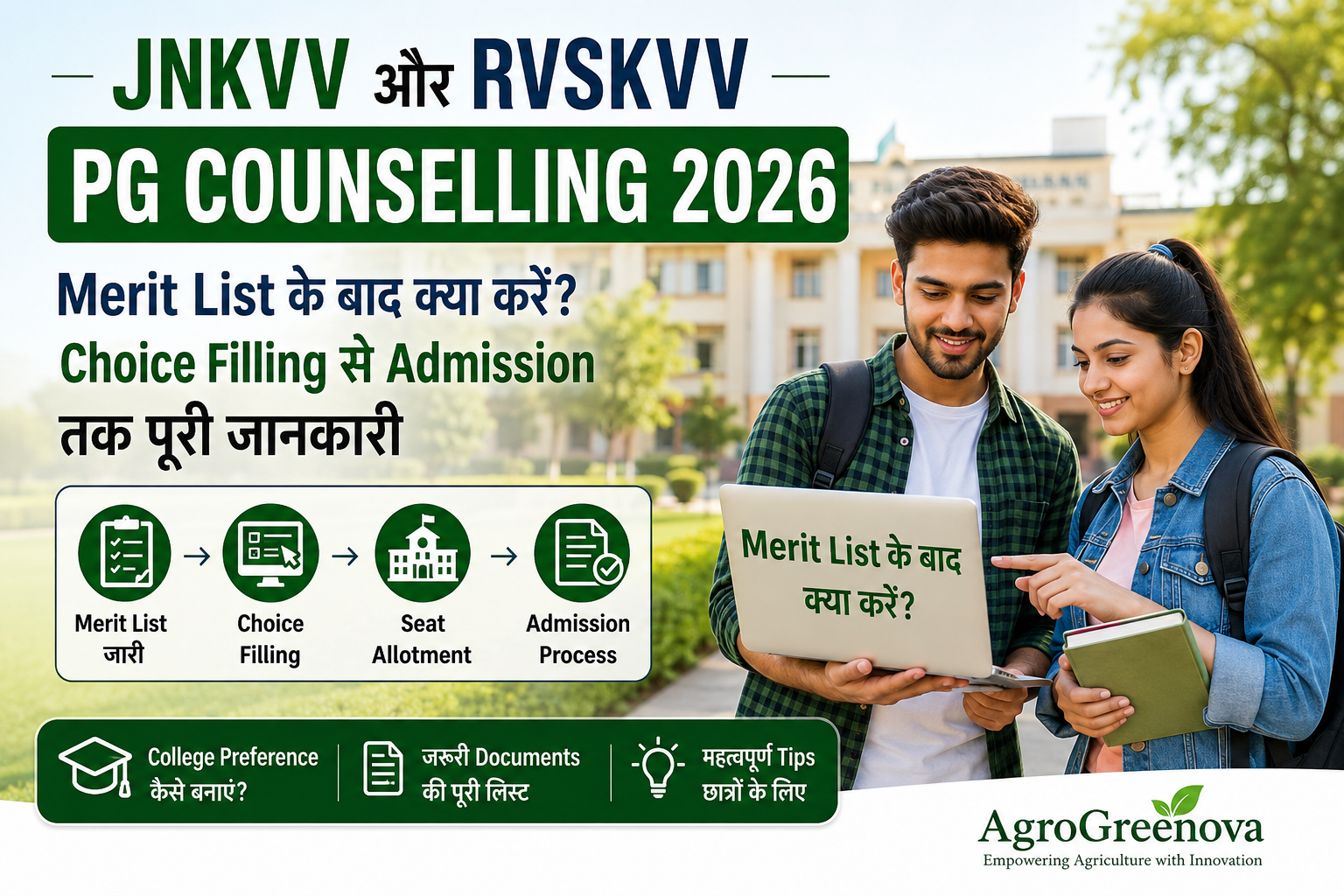 JNKVV और RVSKVV PG Counselling 2026 की जानकारी दर्शाता फीचर्ड इमेज, जिसमें Merit List के बाद Choice Filling, Seat Allotment, Admission Process और कृषि विश्वविद्यालय के छात्र दिखाए गए हैं।