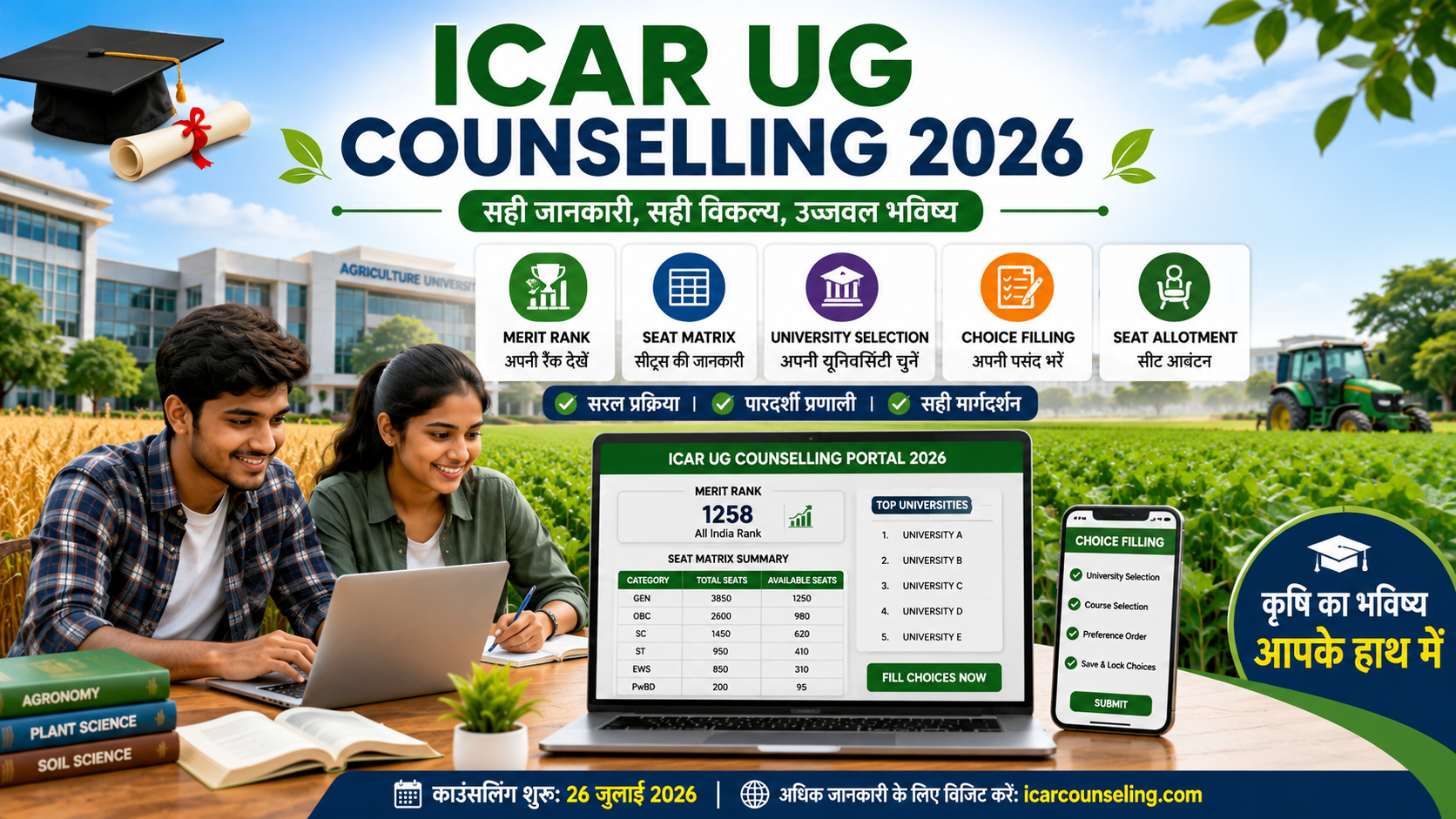 ICAR UG Counselling 2026 Merit List, Seat Matrix और Choice Filling Guide