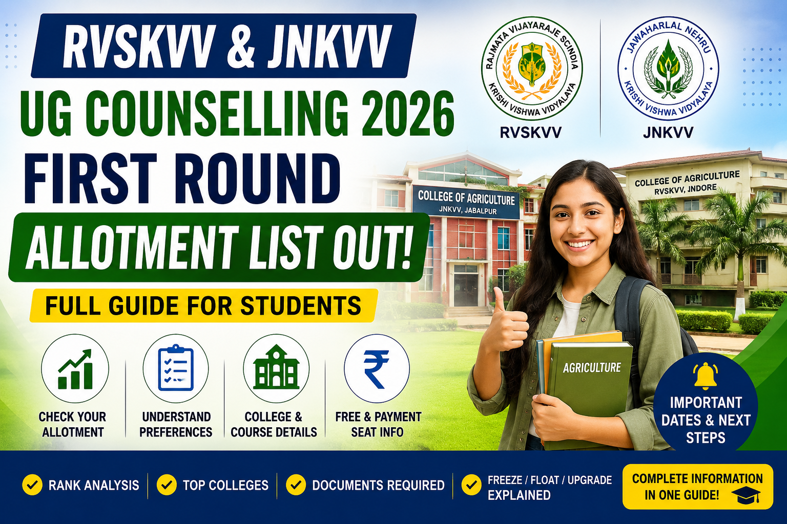 RVSKVV and JNKVV UG Counselling 2026 first round allotment list featured image showing agriculture colleges, student, free and payment seat information, and admission guidance.