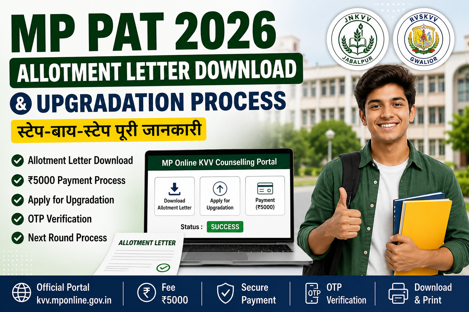 MP PAT 2026 allotment letter download and upgradation process featured image showing JNKVV and RVSKVV counselling portal, ₹5000 payment, OTP verification and student admission guidance