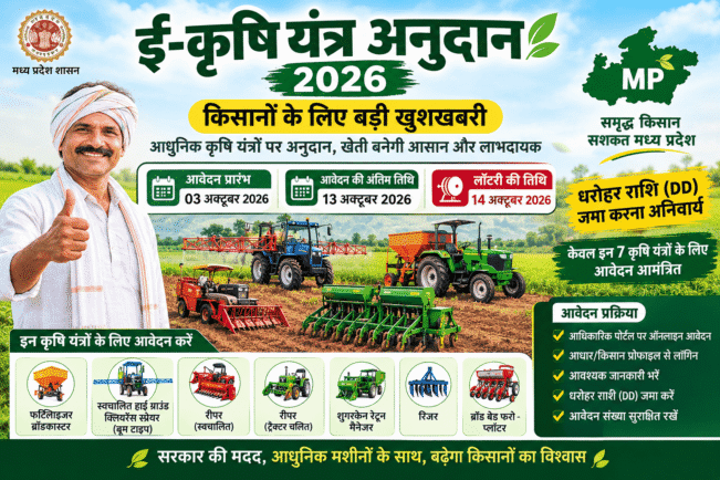 ई-कृषि यंत्र अनुदान 2026 मध्य प्रदेश में कृषि यंत्रों पर सब्सिडी और ऑनलाइन आवेदन